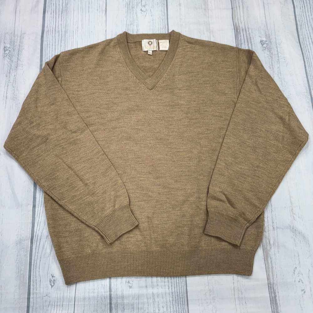 Viyella‎ Merino Wool Sweater L Large Beige VNeck Golf Casual Work Mens